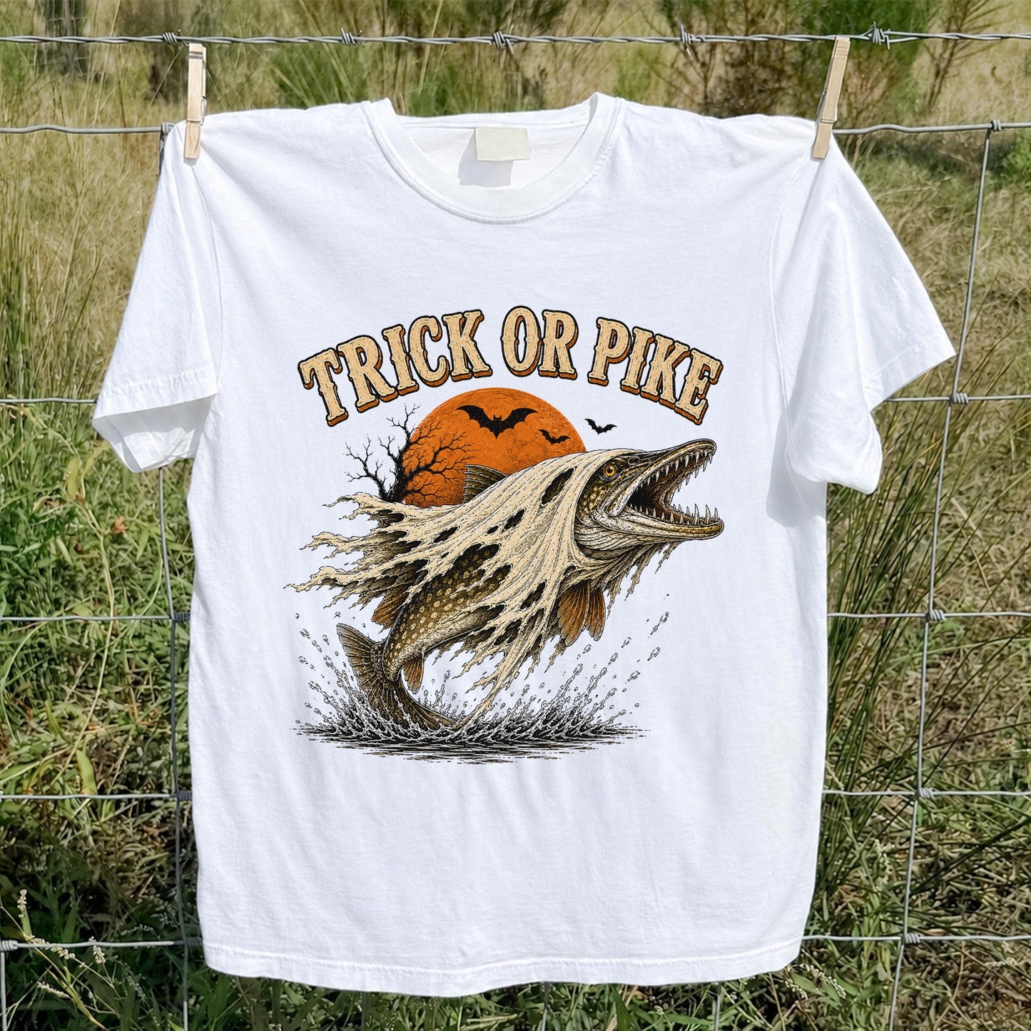 Trick or Pike Halloween Fishing T-Shirt, Vintage Trout Angler Tee