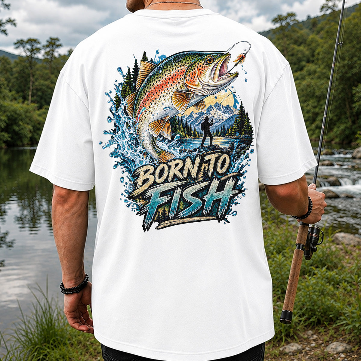 Born to Fish Rainbow Trout Fly Fishing Graphic T-Shirt | Back Print