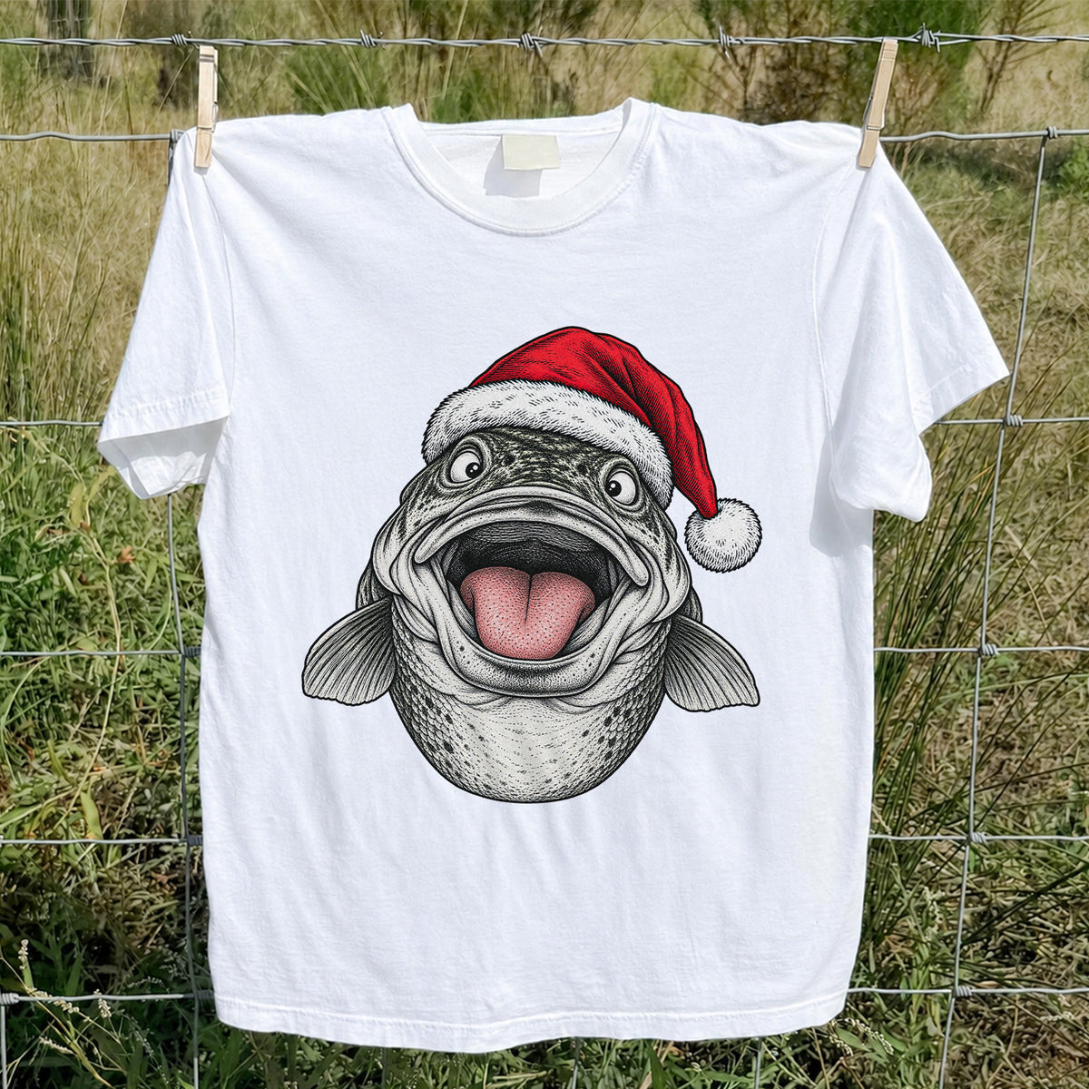 Funny Santa Hat Trout Christmas Fishing Graphic T-Shirt