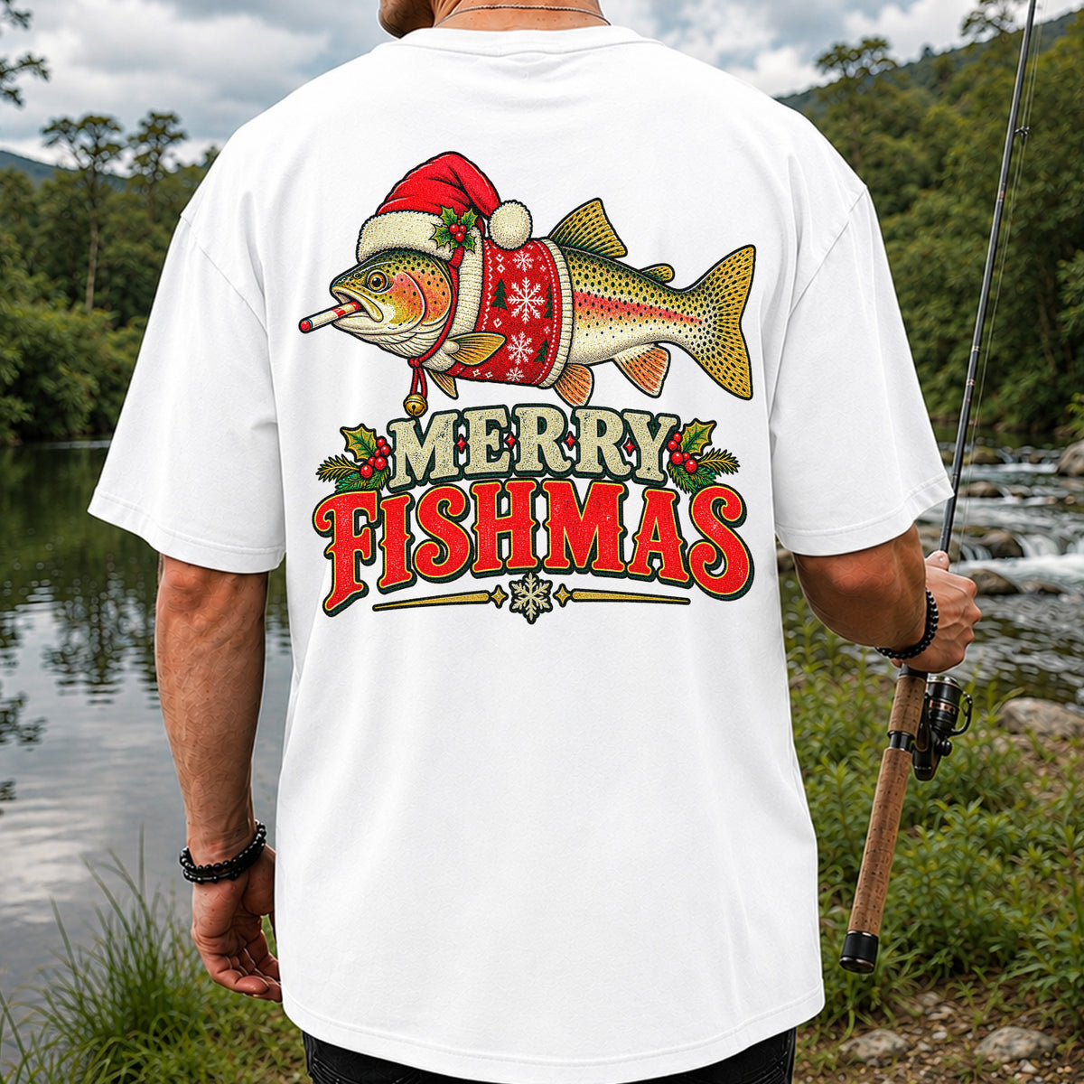 Christmas Trout Santa Fishing Graphic T-Shirt | Back Print