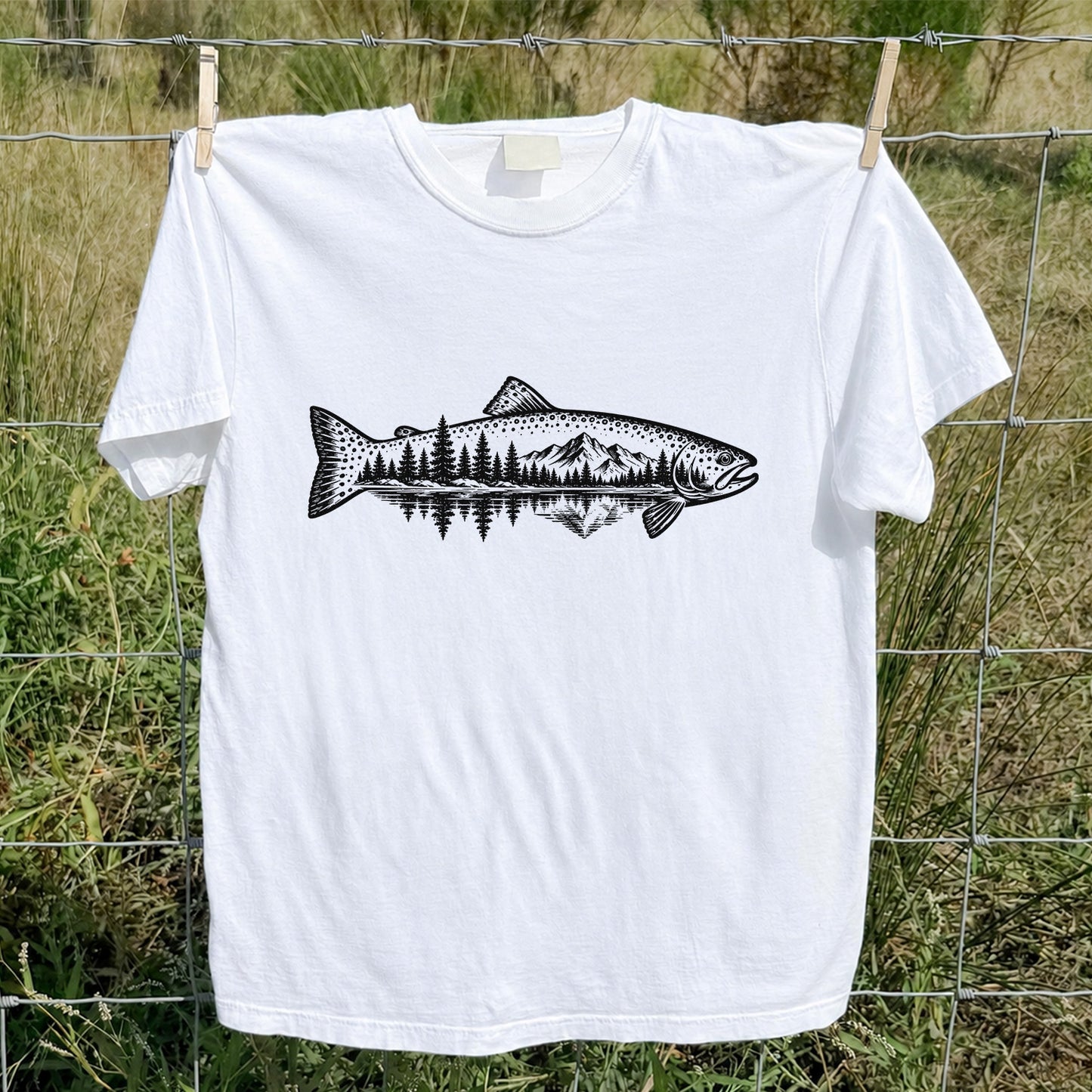 Trout Mountain Forest Reflection Fishing Graphic T-Shirt