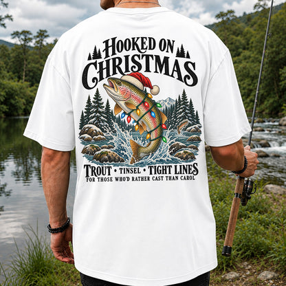 Hooked on Christmas Rainbow Trout Fishing Graphic T-Shirt | Back Print