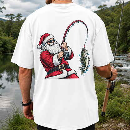Santa Claus Catching a Bass Christmas Fishing Graphic T-Shirt | Back Print