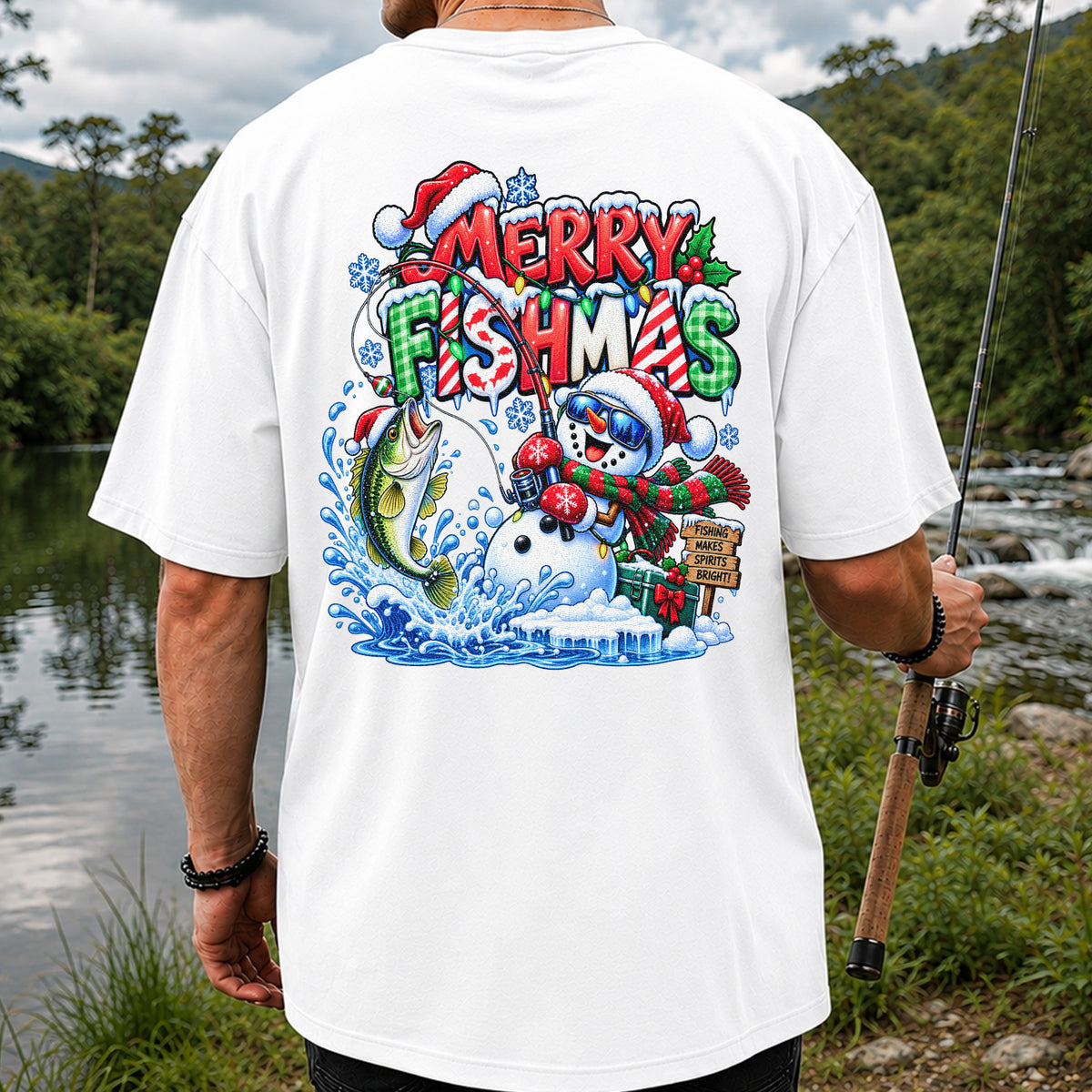 Merry Fishmas Christmas Fishing Graphic T-Shirt | Back Print