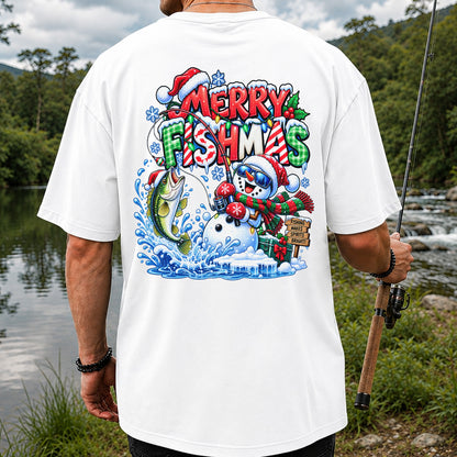 Merry Fishmas Christmas Fishing Graphic T-Shirt | Back Print