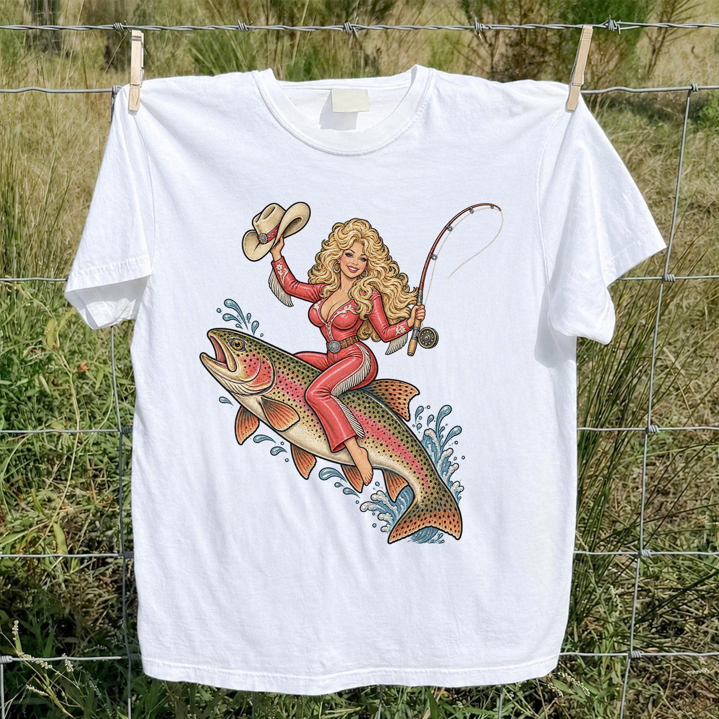 Cowgirl Riding a Rainbow Trout Western Fishing Graphic T-Shirt