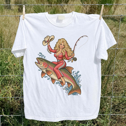 Cowgirl Riding a Rainbow Trout Western Fishing Graphic T-Shirt