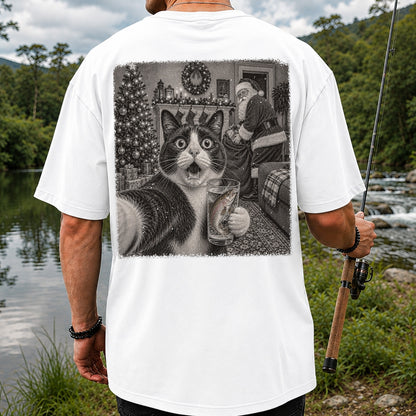 Christmas Cat Holding a Fish Mug Holiday Graphic T-Shirt | Back Print