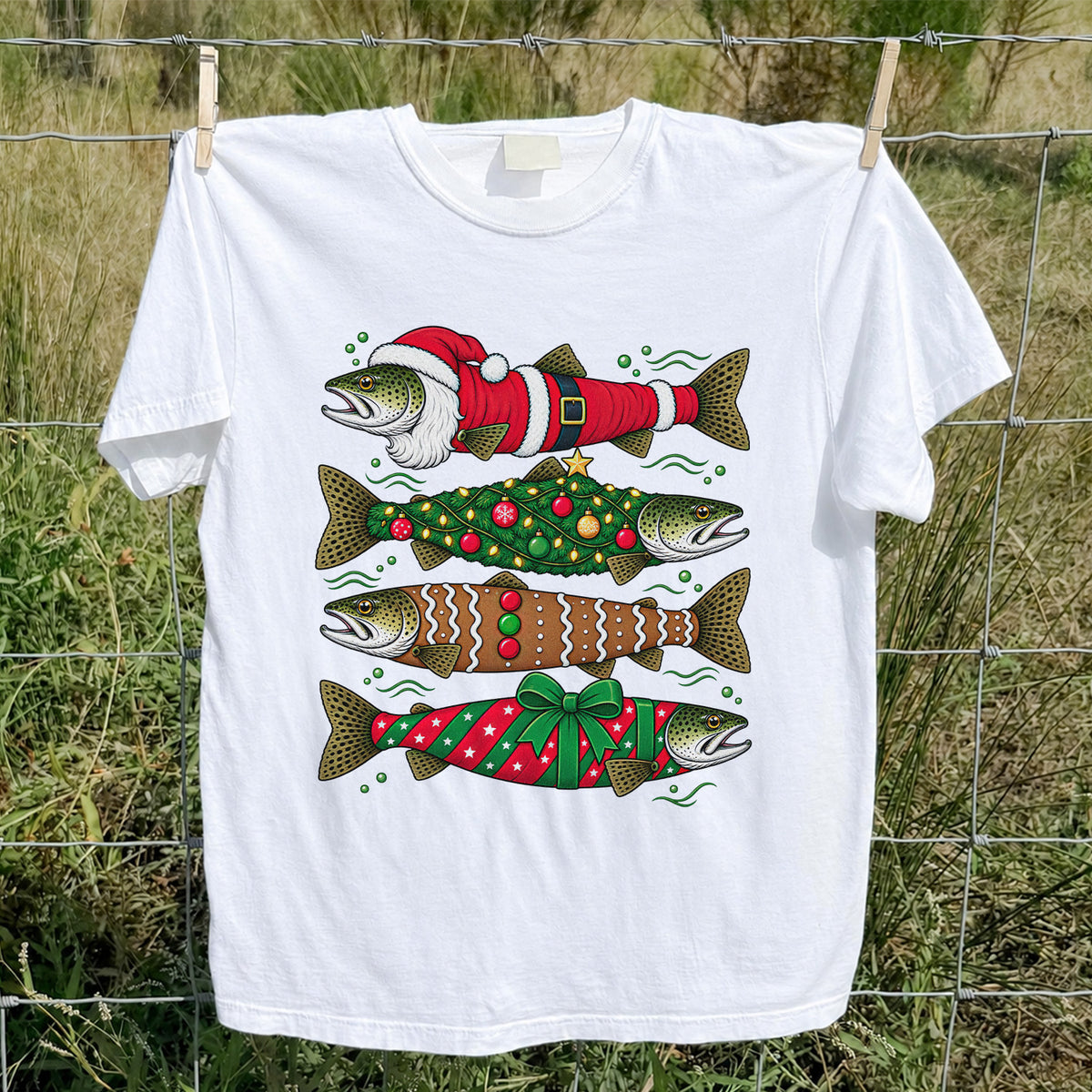 Christmas Trout Santa Tree and Gift Wrap Fishing T-Shirt
