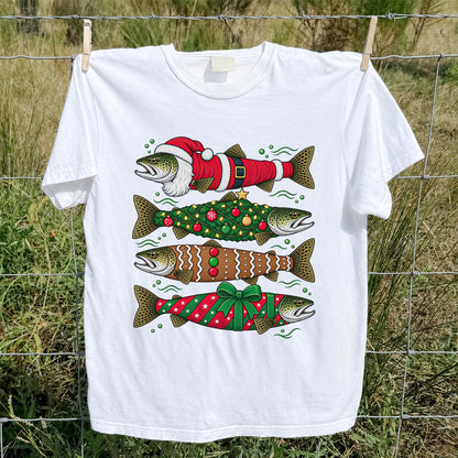 Christmas Trout Santa Tree and Gift Wrap Fishing T-Shirt