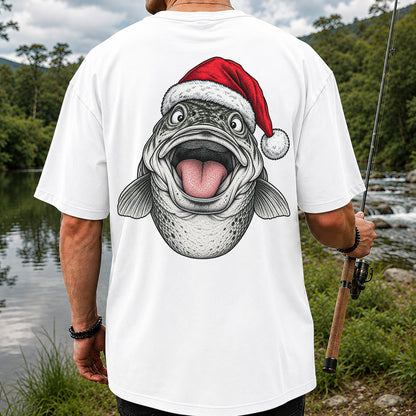 Funny Santa Hat Trout Christmas Fishing Graphic T-Shirt | Back Print