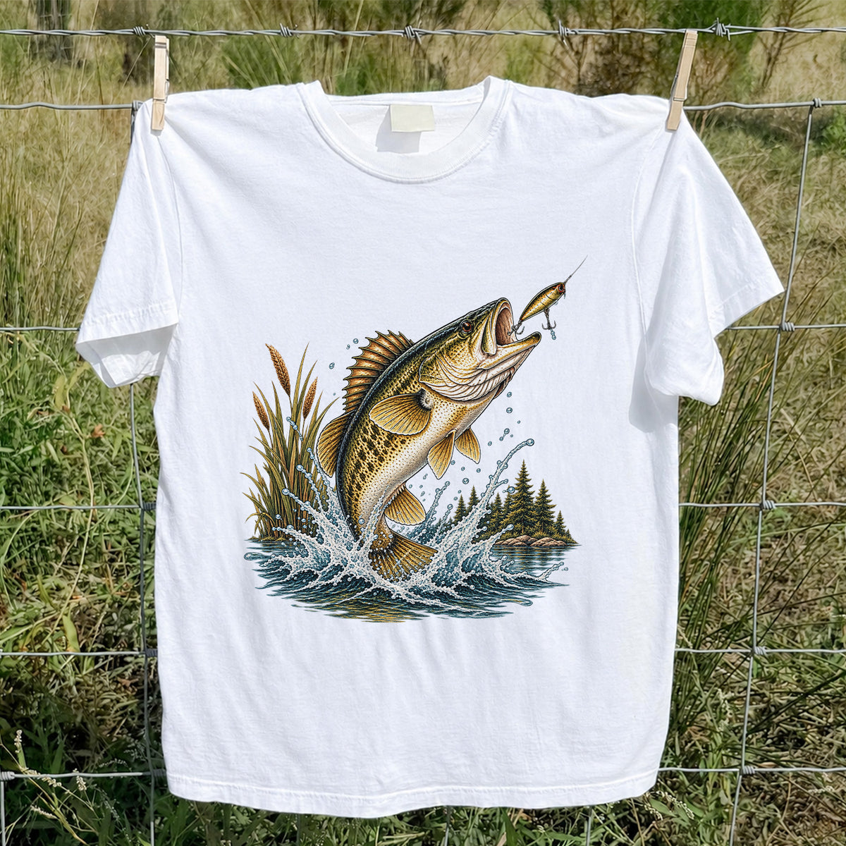 Jumping Bass Chasing a Lure Lake Fishing Graphic T-Shirt