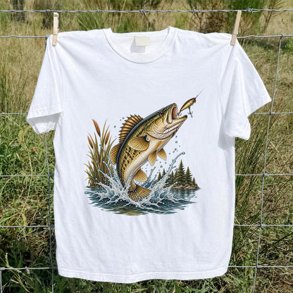 Jumping Bass Chasing a Lure Lake Fishing Graphic T-Shirt