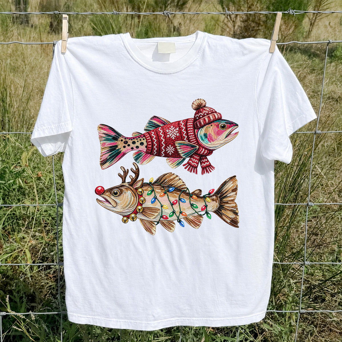 Festive Christmas Fish with Lights Fishing Graphic T-Shirt