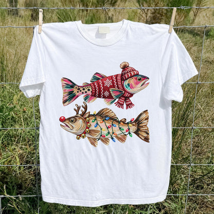 Festive Christmas Fish with Lights Fishing Graphic T-Shirt
