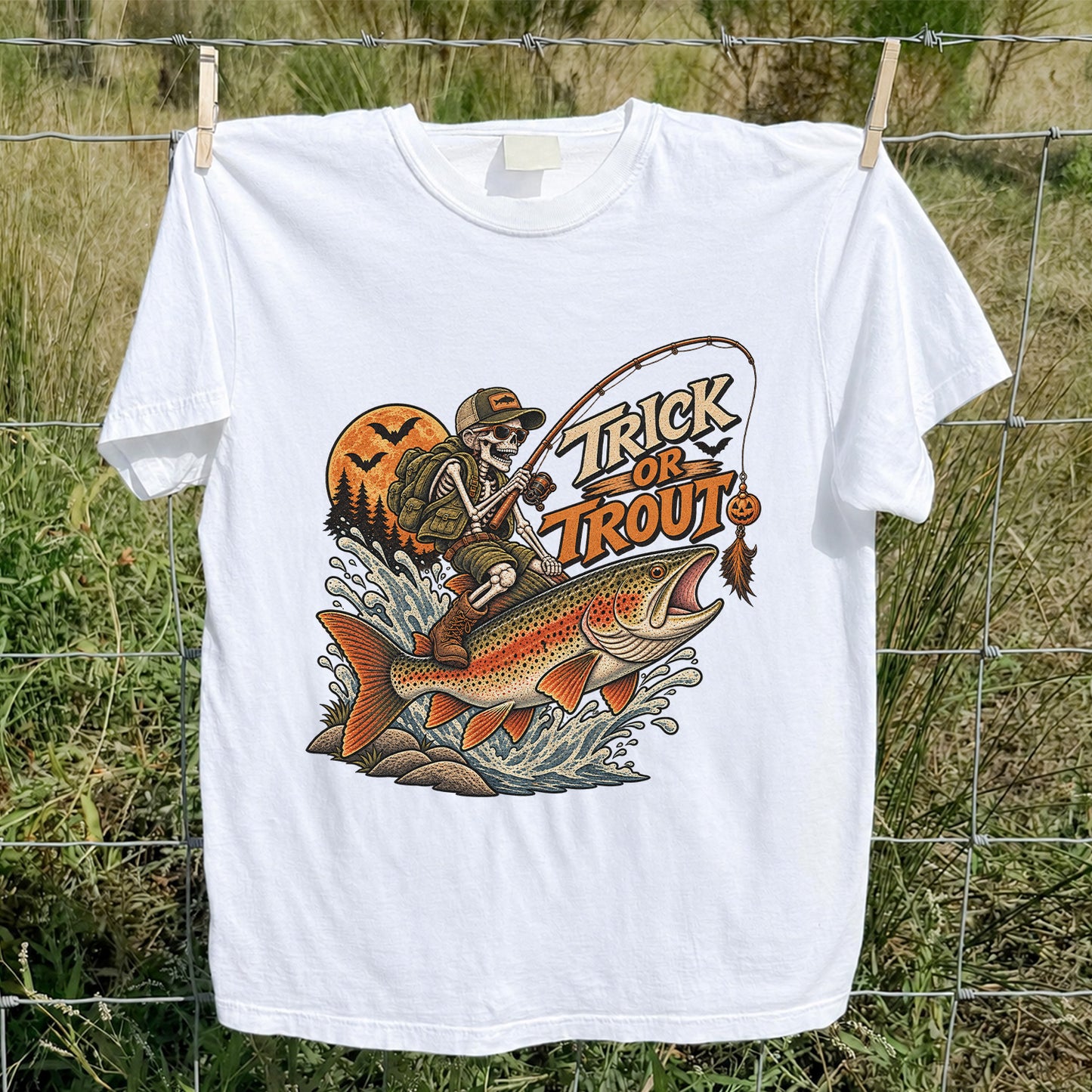 Trick or Trout Halloween Skeleton Angler Fishing T-Shirt