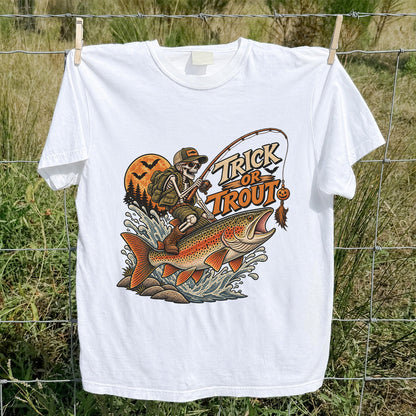 Trick or Trout Halloween Skeleton Angler Fishing T-Shirt