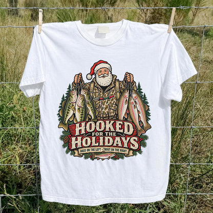 Hooked for the Holidays Bass on the Left Trout on the Right Santa Christmas Fishing T-Shirt