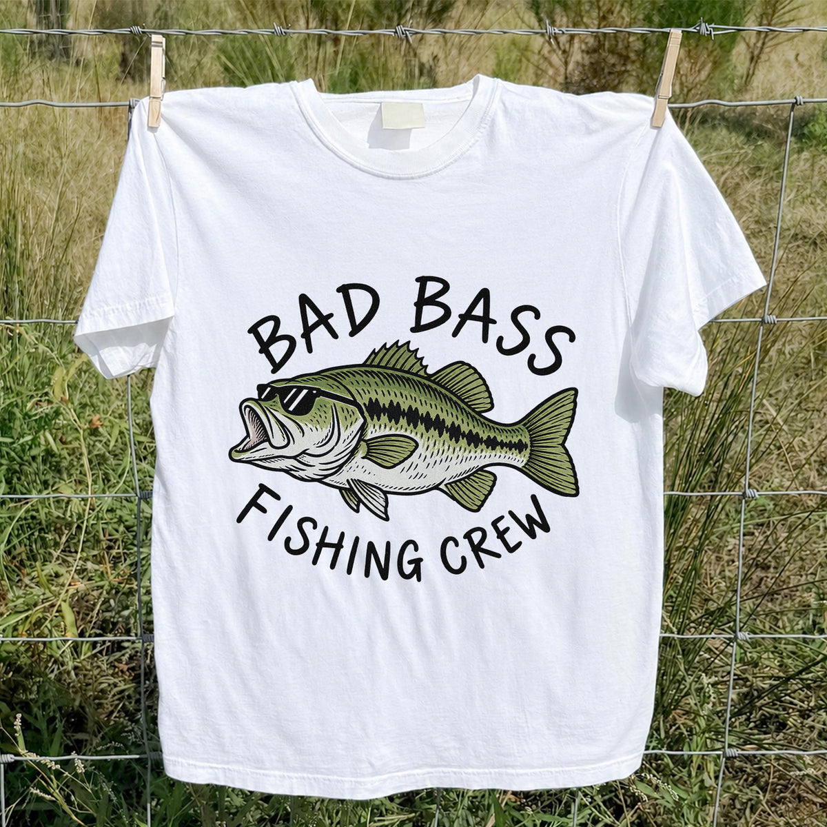 Bad Bass Fishing Crew Funny Graphic T-Shirt