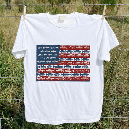 American Flag Made of Fish Patriotic Fishing Graphic T-Shirt