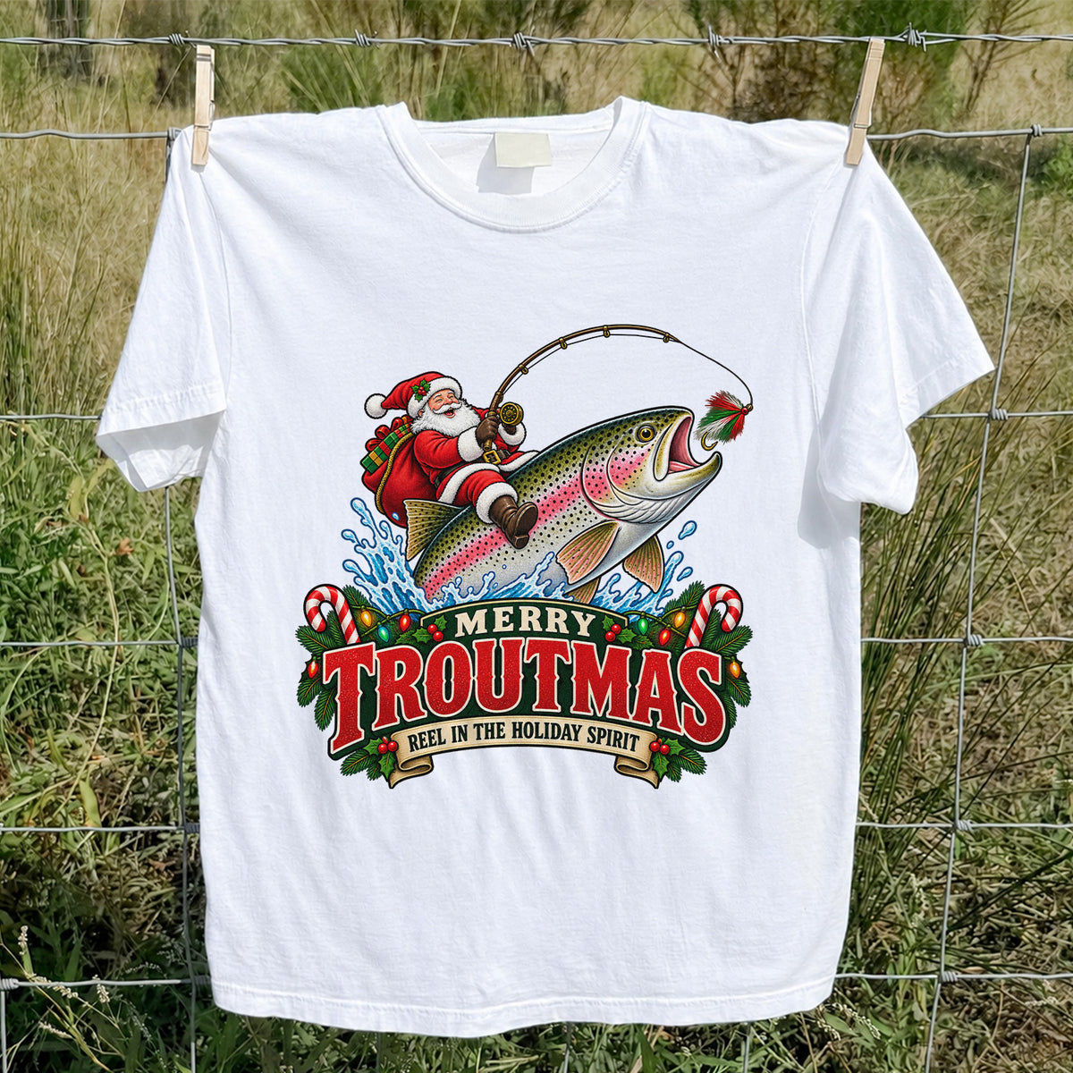 Merry Troutmas Reel in the Holiday Spirit Santa Riding Rainbow Trout Christmas Fishing T-Shirt