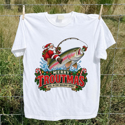 Merry Troutmas Reel in the Holiday Spirit Santa Riding Rainbow Trout Christmas Fishing T-Shirt