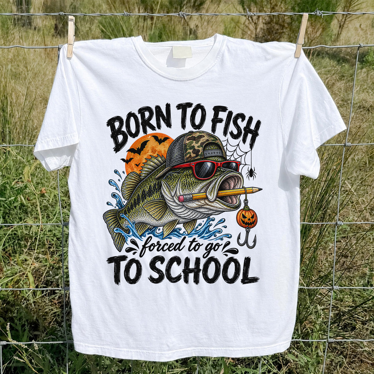Born to Fish Forced to Go to School Halloween Bass Fishing T-Shirt