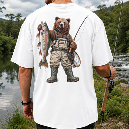 Bear Fishing with Rainbow Trout Outdoor Graphic T-Shirt | Back Print