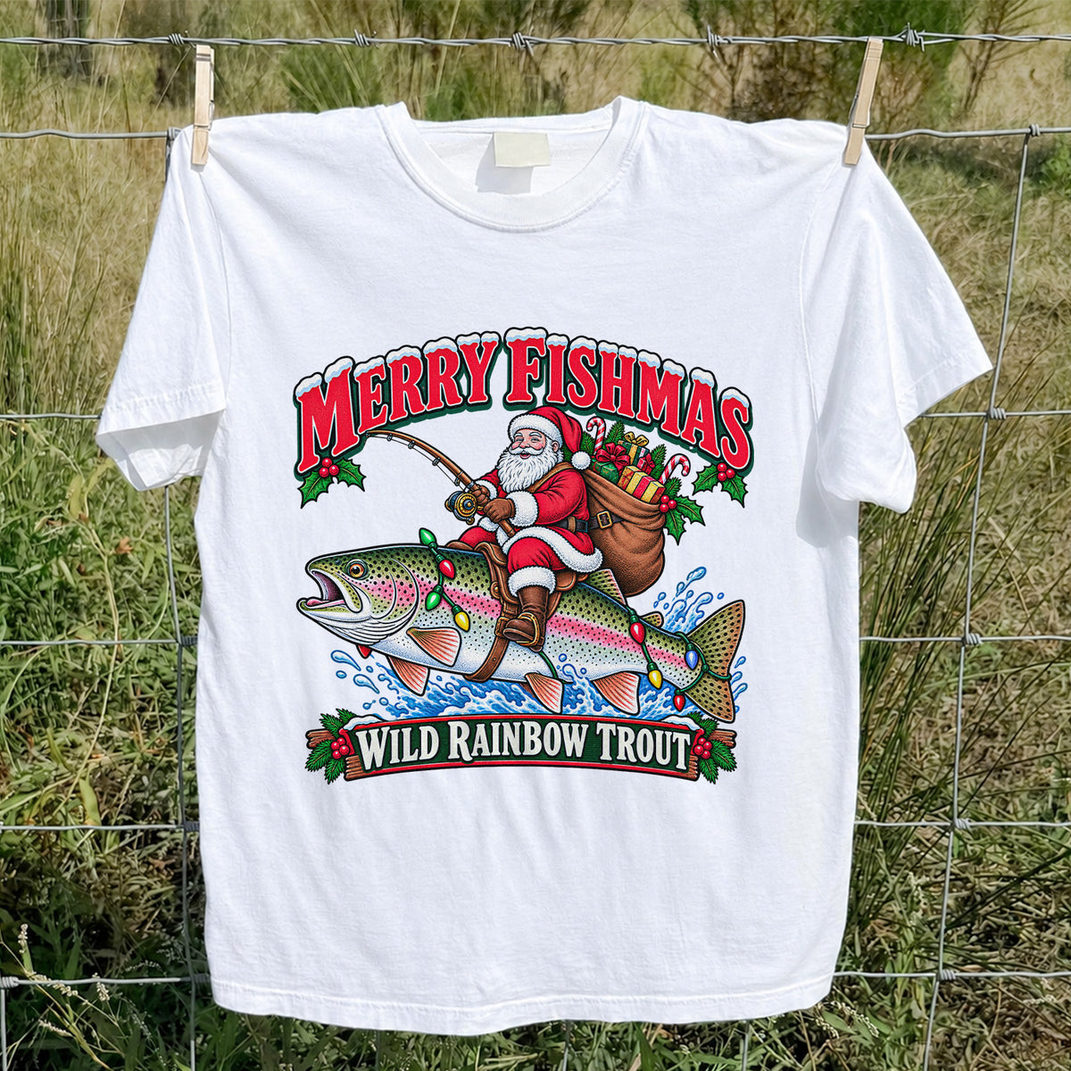 Merry Fishmas Santa Riding a Wild Rainbow Trout Christmas Fishing T-Shirt