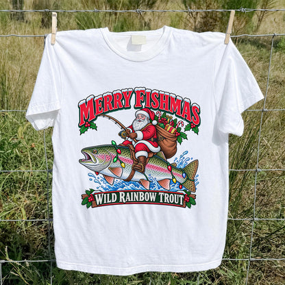 Merry Fishmas Santa Riding a Wild Rainbow Trout Christmas Fishing T-Shirt