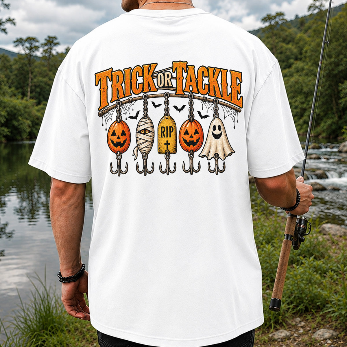 Trick or Tackle Pumpkin Ghost and Mummy Fishing Lures Halloween T-Shirt | Back Print