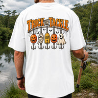 Trick or Tackle Pumpkin Ghost and Mummy Fishing Lures Halloween T-Shirt | Back Print