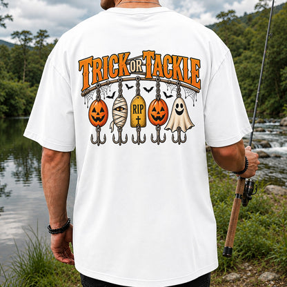 Trick or Tackle Pumpkin Ghost and Mummy Fishing Lures Halloween T-Shirt | Back Print