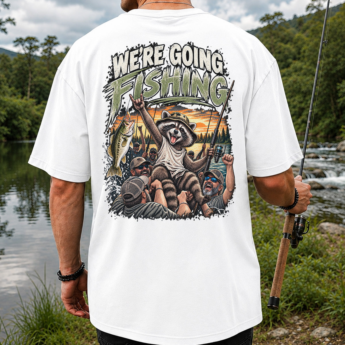 We're Going Fishing Raccoon Outdoor Fishing Graphic T-Shirt | Back Print