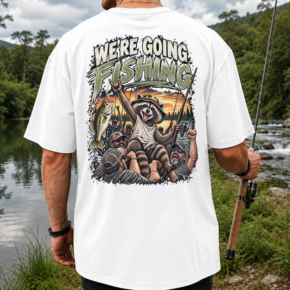 We're Going Fishing Raccoon Outdoor Fishing Graphic T-Shirt | Back Print