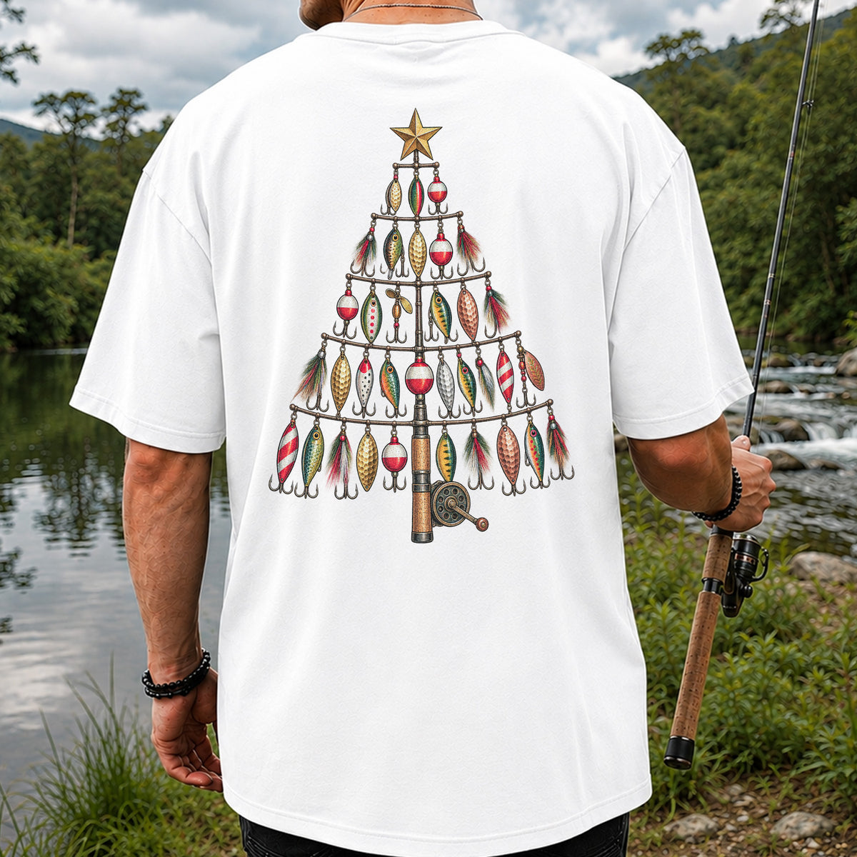 Fishing Lure Christmas Tree with Rod and Reel Graphic T-Shirt | Back Print
