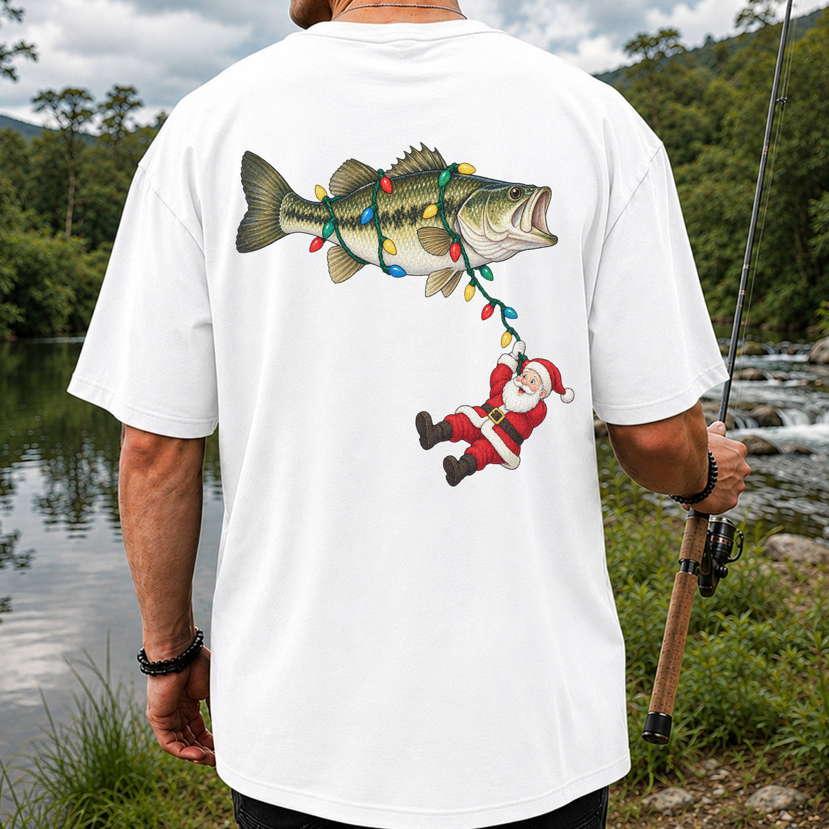 Santa Hanging from Christmas Lights on Bass Fishing Graphic T-Shirt | Back Print