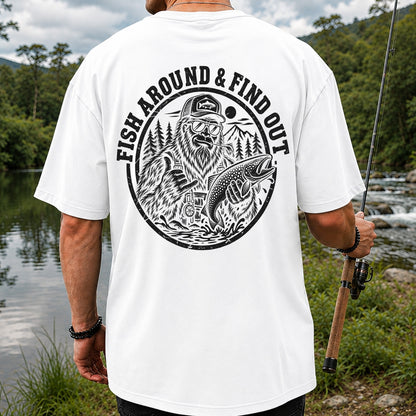 Fish Around & Find Out Bigfoot Trout Fishing Graphic T-Shirt | Back Print