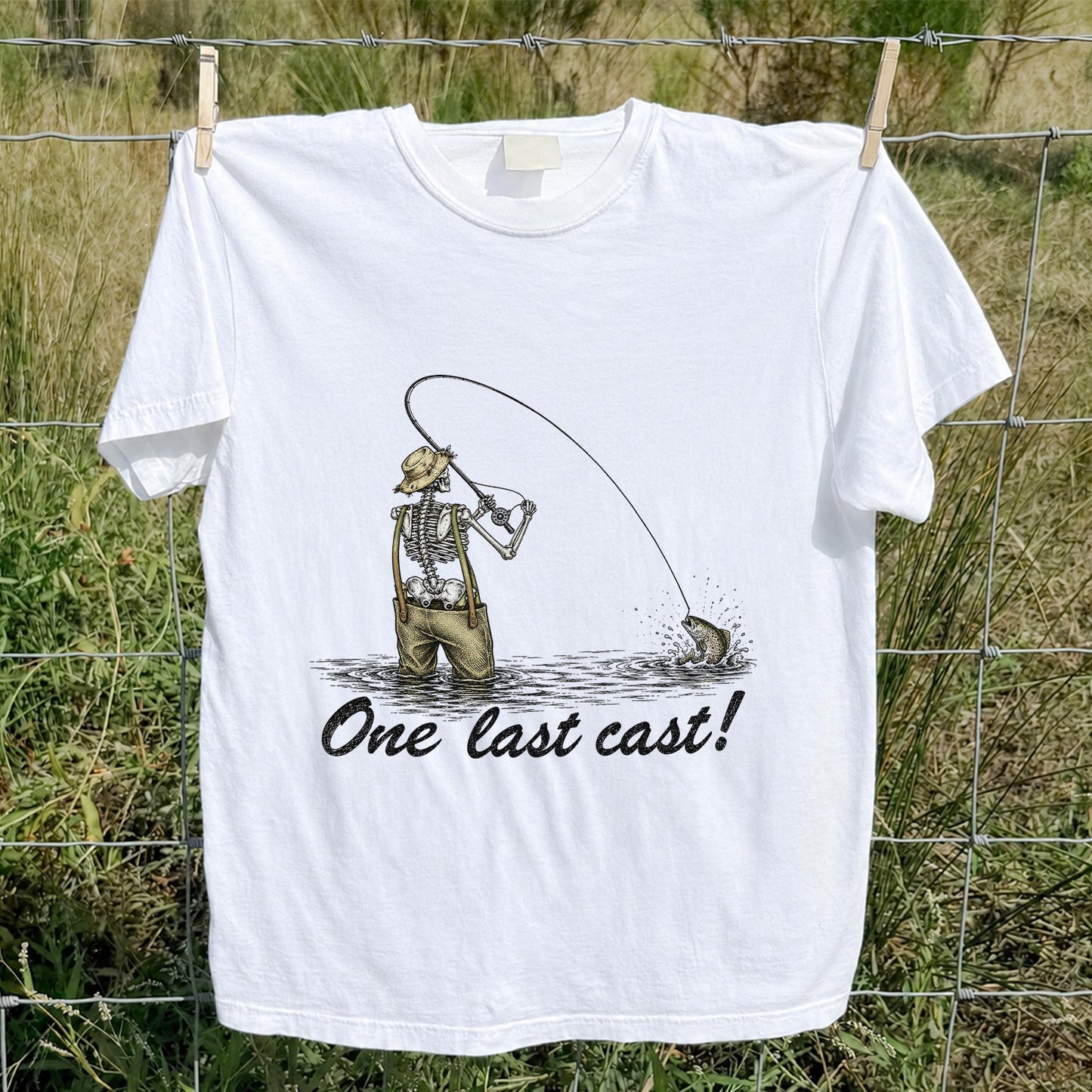 One Last Cast Skeleton Angler Fishing Graphic T-Shirt
