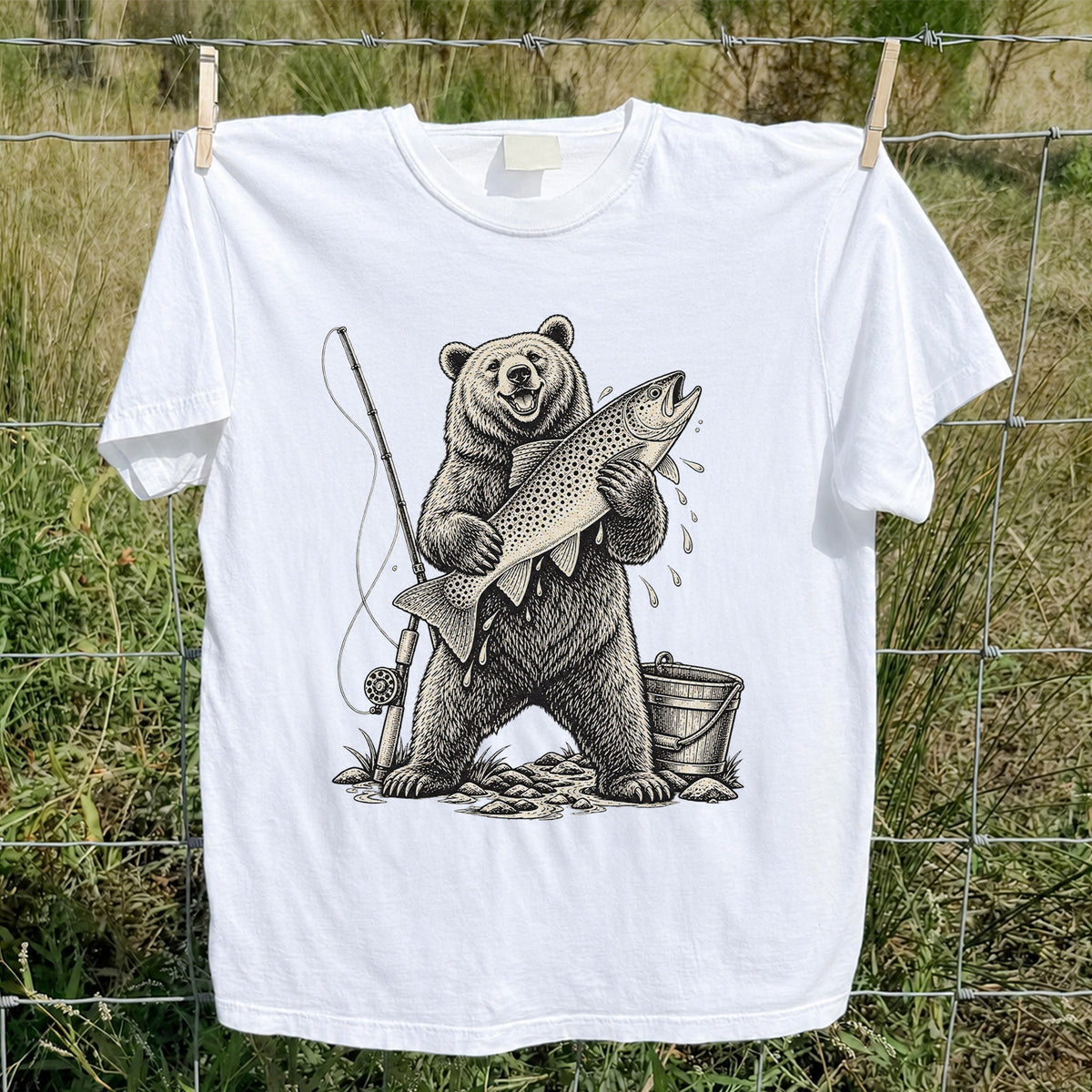 Bear Holding Trout Fishing Graphic T-Shirt