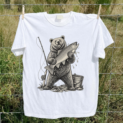 Bear Holding Trout Fishing Graphic T-Shirt