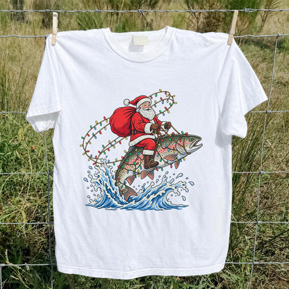 Santa Riding a Christmas-Lighted Rainbow Trout Fishing Graphic T-Shirt