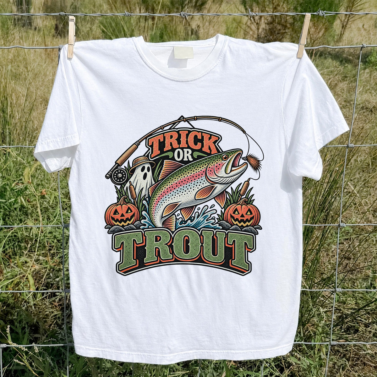 Trick or Trout Rainbow Trout Ghost and Pumpkins Halloween Fishing T-Shirt