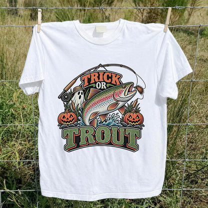 Trick or Trout Rainbow Trout Ghost and Pumpkins Halloween Fishing T-Shirt