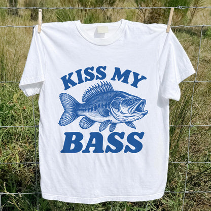 Kiss My Bass Blue Bass Funny Fishing Graphic T-Shirt