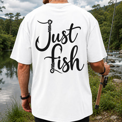 Just Fish Funny Fishing Hook Graphic T-Shirt | Back Print