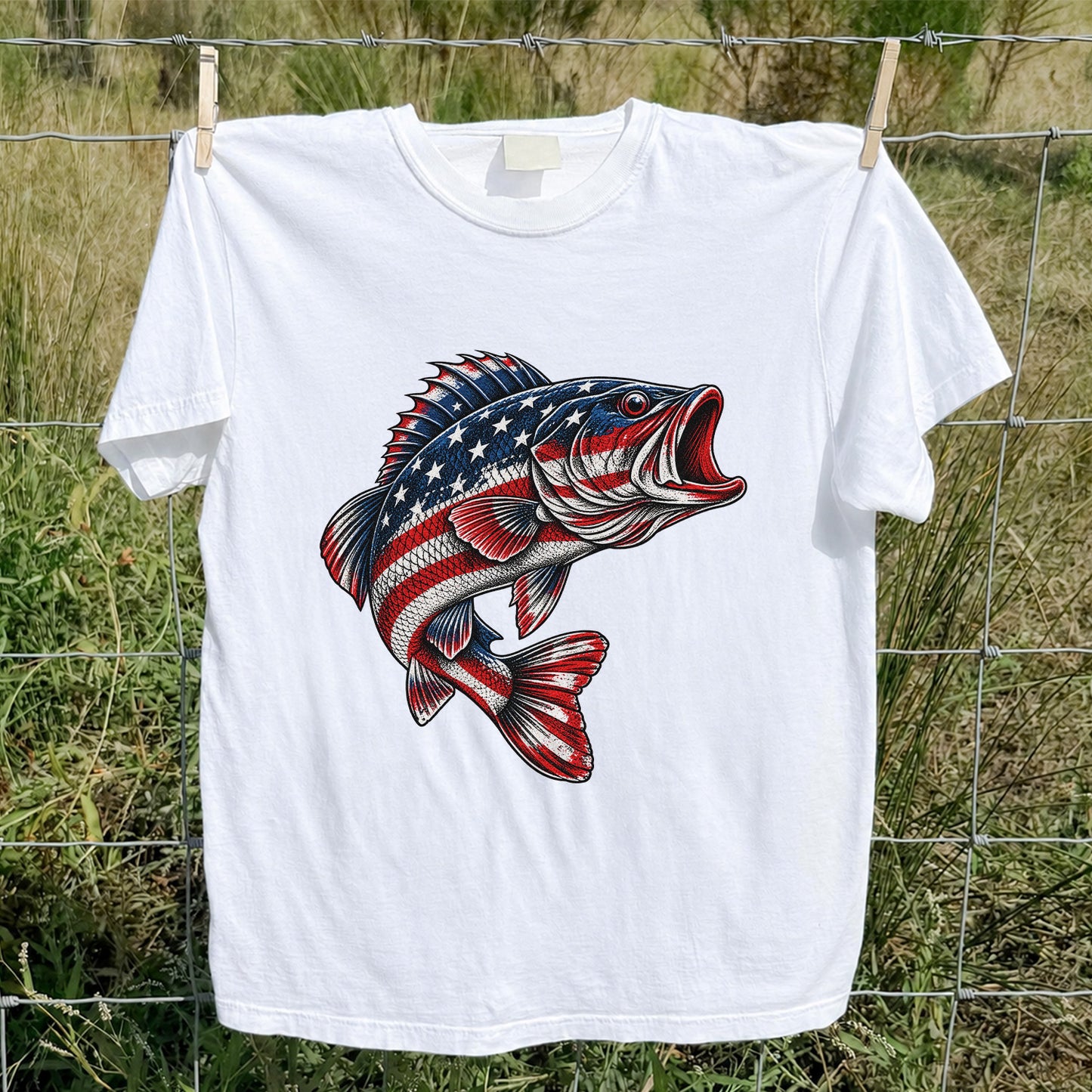 American Flag Largemouth Bass Patriotic Fishing Graphic T-Shirt