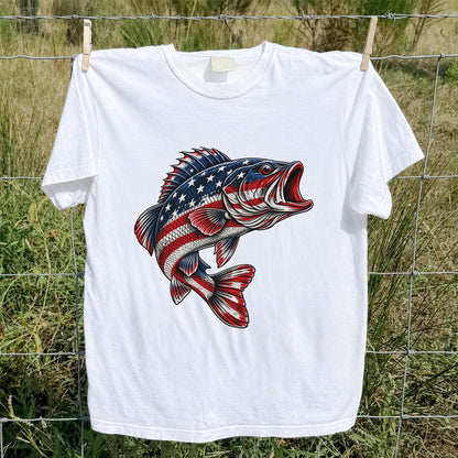 American Flag Largemouth Bass Patriotic Fishing Graphic T-Shirt