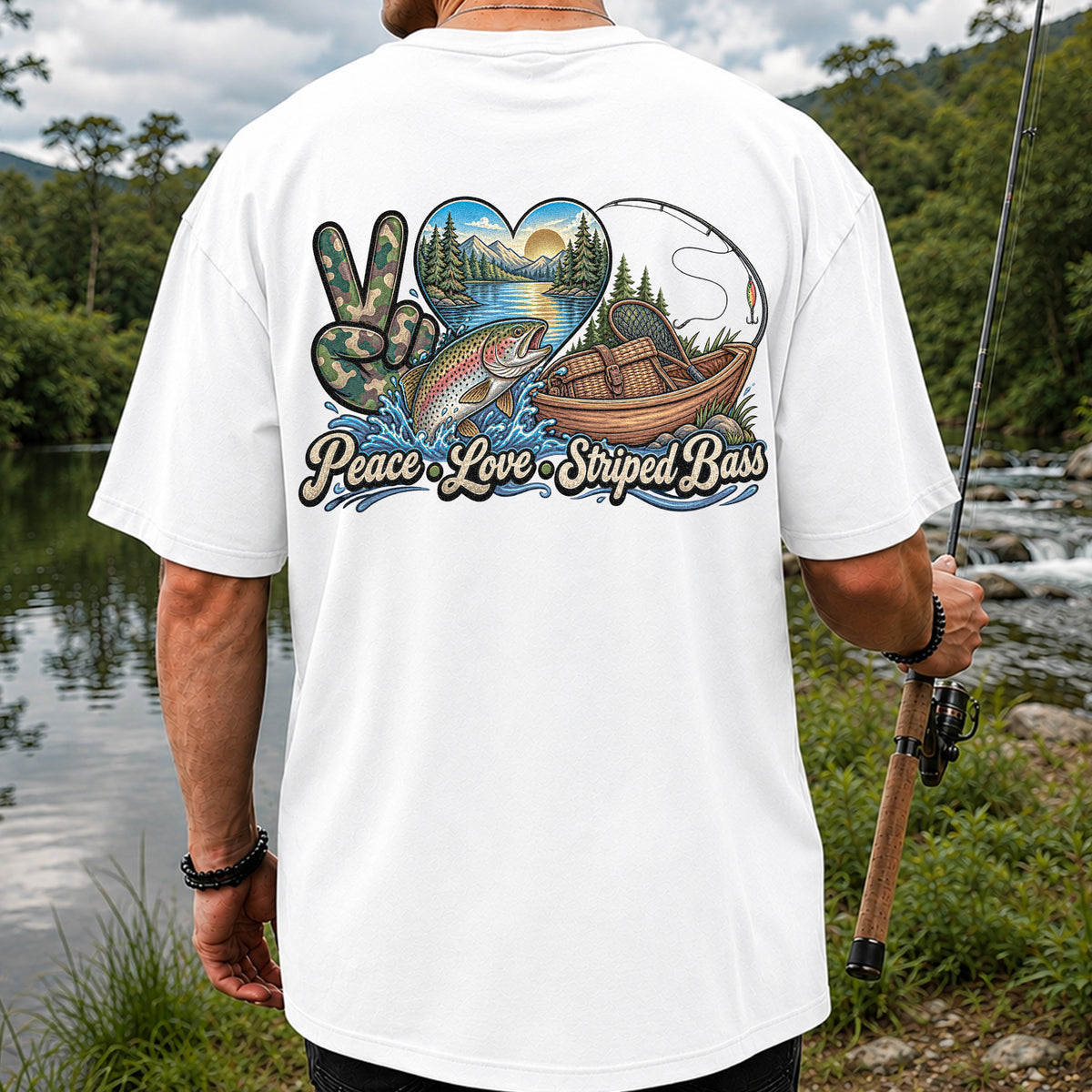 Peace Love Striped Bass Lake and Boat Fishing Graphic T-Shirt | Back Print