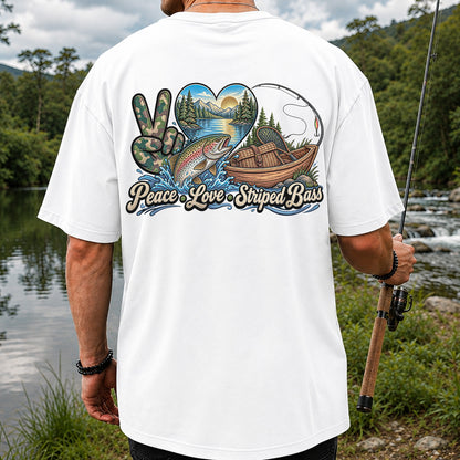 Peace Love Striped Bass Lake and Boat Fishing Graphic T-Shirt | Back Print